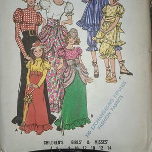 May include: A vintage sewing pattern for a dress with a ruffled skirt. The pattern is for sizes 4-6, 8-10, 12, 10-12, and 14. The pattern is for children's and misses' sizes. The pattern is from Butterick and the pattern number is 5980.