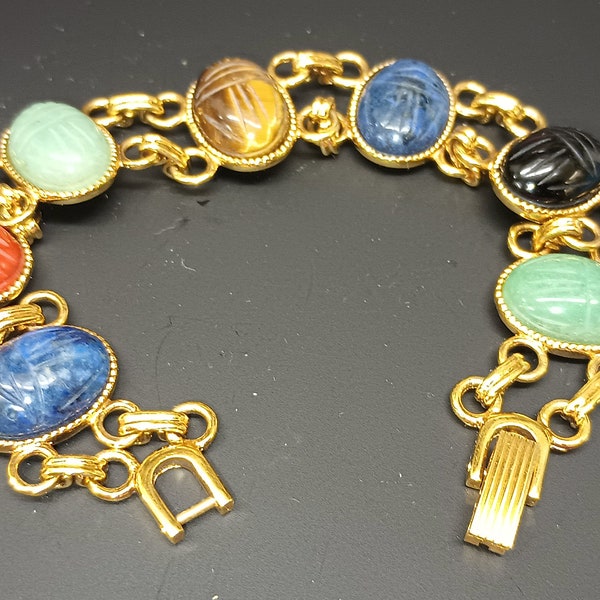 Scarab Gemstone Cabochon Bracelet Vintage 1970s Egyptian Look #J80