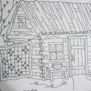 May include: Line drawing of a rustic cabin with a wooden roof, door, and window. A quilt hangs on a clothesline. A small table with a bowl sits outside the door, and a barrel is nearby. A tree is on the left.