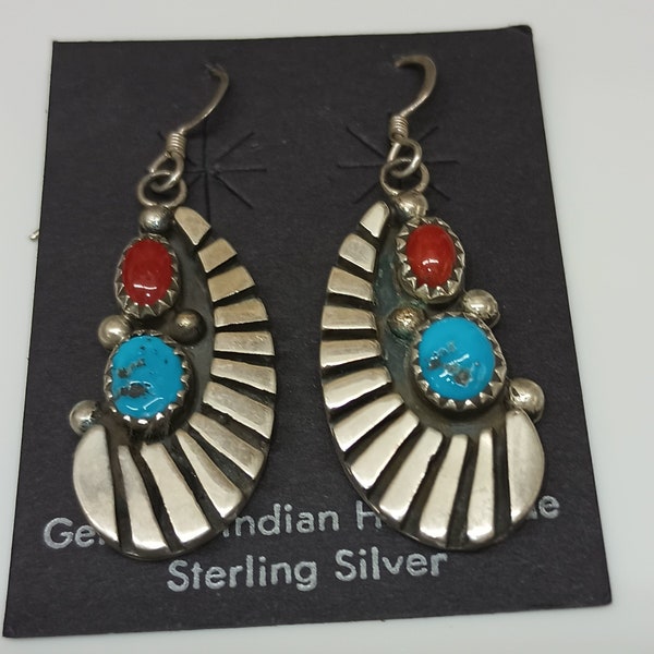 Running Bear  Sterling Silver Earrings signed, Turquoise Coral Navajo trail of a running bear. 1980s #J18