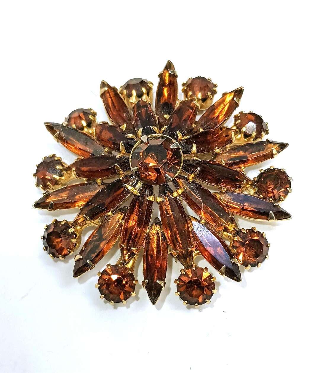 Vintage Mid Century Rhinestone Brooch Dark Amber Glass Navette ...