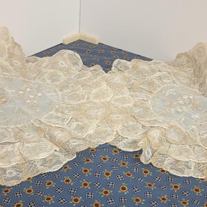 May include: Two off-white lace doilies with scalloped edges and a floral design. The doilies are placed on a blue patterned fabric. The lace has a delicate, airy appearance, suggesting a vintage or handmade item.