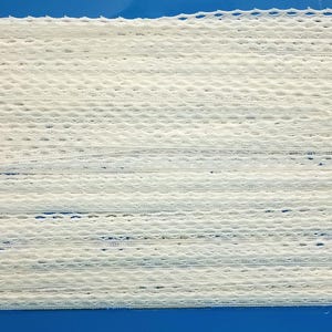 May include: White crochet lace trim with a delicate pattern. The lace is shown on a blue background.