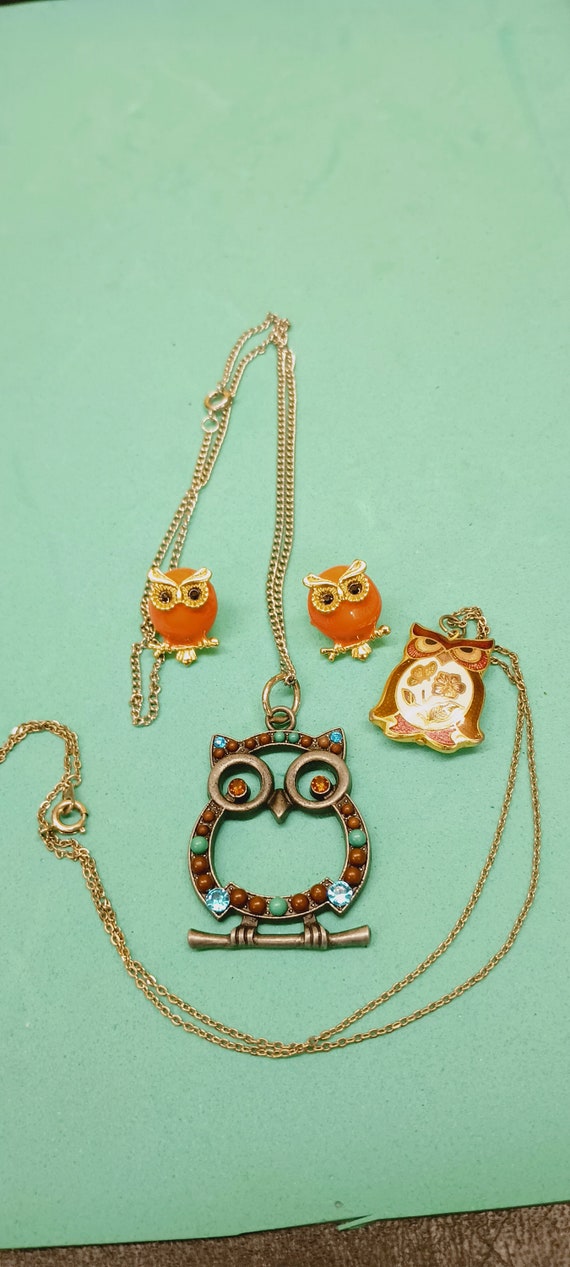 Vintage Owl Jewelry 3 PC Lot 2 Necklace, Pr Earrin