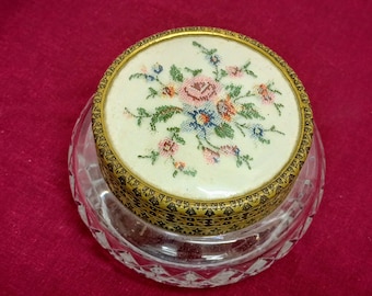 Silk Petit Point Cut Press Glass Powder Jar Vanity Trinket Box Regent of London #J331