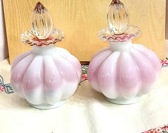 Vintage Fenton Pink Melon Slag Glass, 2 Perfume Bottles with Stoppers, Dresser, Vanity Set # G134