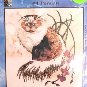 May include: A quilt pattern titled "My Cats Gard" featuring a Persian cat illustration. The design includes the text "A Block of the Month Quilt" and "#4 Persian". The image has a blue background with a watercolor effect.