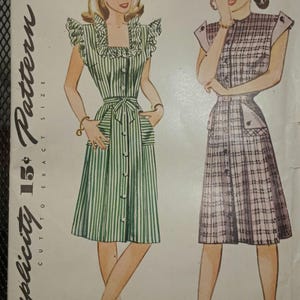 Simplicity 1283, modello di abito con grembiule a giogo di metà secolo non tagliato, 2 stili, taglia 14, busto 32, c.1950, n. N52