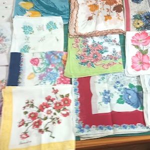Vintage, Ladies Handkerchiefs, 14 Bold and Pastel Printed, Embroidered, Floral Themed Hankies #N856