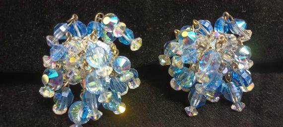 Hobe' Blue AB Crystal Cluster Chandelier Earrings Vintage Roller