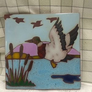 Mallard Duck Tile, Trivet Terra Cotta, Flight over Lake, Colorful with Cattails, Scenic Nature Texaramic #E812