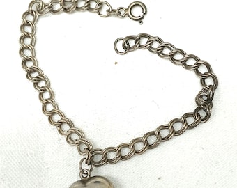 VTG Sterling Silver Puffy Heart Charm on 925 Bracelet Double Loop Chain 8&quot; #J769