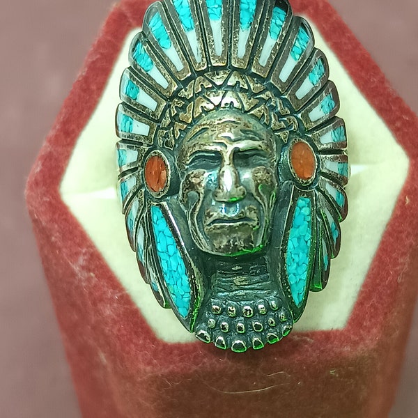 Native American Sterling Turquoise Chiefs Feather Headdress Ring Sz8/9 #DD579