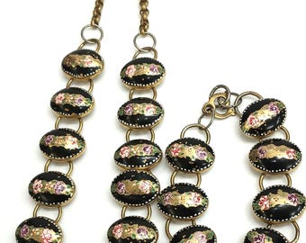 Mid Century Bracelet Necklace Demi Parure, Black on Gold Metal w Roses #J603