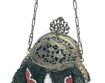 Antique German Beaded Wristlet Reticule Bag Filigree Crown Cap Frame all Original #J382