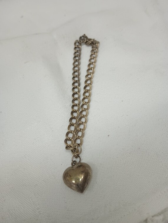 VTG Sterling Puffy Heart Bracelet Double Loop Cha… - image 4