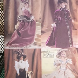 May include: Vogue Craft pattern 9759 for making doll clothes. The pattern includes four different outfits: a purple dress with a black sash, a purple dress with a black lace trim, a white dress with a lace overlay, and a white dress with a black sash. The pattern is designed by Linda Carr.