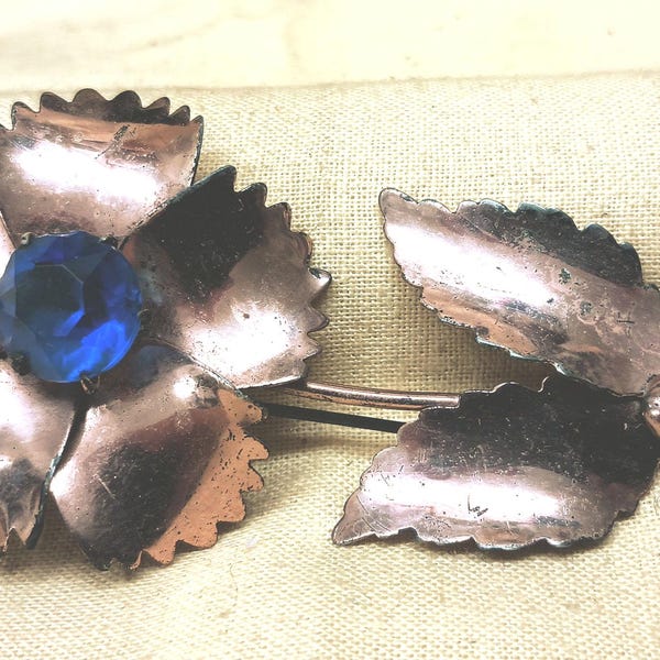 Vintage Floral Brooch Pin Sterling By Jordan with Copper Wash, Blue Center #E2065