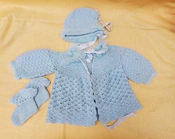 Vintage Hand Knitted Baby Infant Sweater Set w Booties & Bonnet, Mid Century Baby Blue #E1075