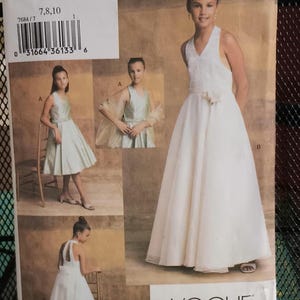 May include: Vogue Girl pattern 7684 for girls' dresses. The pattern includes multiple views of dresses, including a white sleeveless gown with a floral accent at the waist and a light green dress. Sizes 7, 8, and 10 are included.