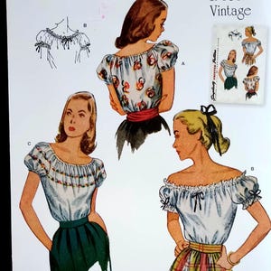 May include: Simplicity sewing pattern S9538, featuring vintage 1940s designs. The pattern includes illustrations of off-the-shoulder blouses and skirts. The size range is U.S. 4-12. The pattern's cover has the Simplicity logo and the text "1940s Vintage."