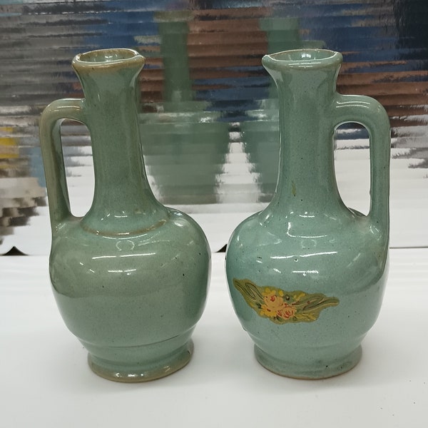 Pair Zanesville Stoneware Glazed Jug Pitchers 5.25" Seafoam Green Bud Vases #E2144