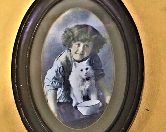 Vintage Print of Girl With Kitten in Tigered Tin Oval Frame, Under Glass, c.1920 Picture #G143