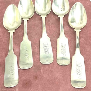 Antique Coin Silver 5 PC Set Teaspoons, , Hoyt, Badger & Dillon, 87g 90.0 Silver c.1859 #J389.