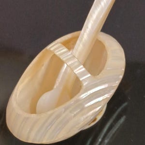 May include: A small, oval-shaped mortar and pestle set carved from iridescent mother-of-pearl. The mortar features a smooth, curved basin with a distinct diagonal ribbed texture on the exterior, while the matching pestle is slender and smooth.