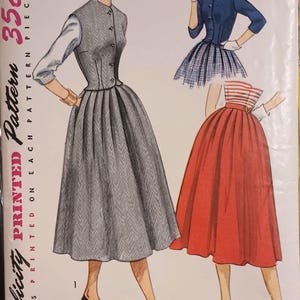 May include: Vintage Simplicity pattern 4218 featuring illustrations of three different dresses. The pattern includes a size 12 with a 30-inch bust. The cover art showcases a woman in a gray dress, a blue jacket and skirt, and a red skirt.