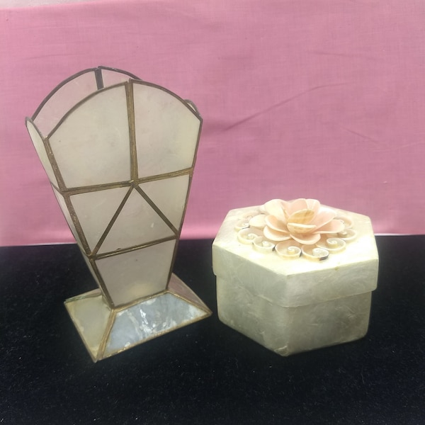 Vintage Capiz Shell & Brass Vase and Bonus Hexagon Lidded Trinket Box with Shell Flowers #LE712