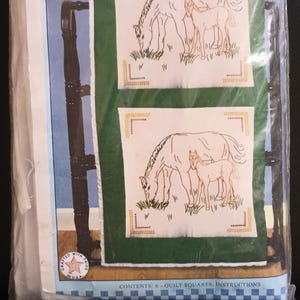 Mare and Colt, 6 18&quot; Quilt Bocks to Embroider, Jack Dempsey Needle Art Kit Pre-Stamped #N758