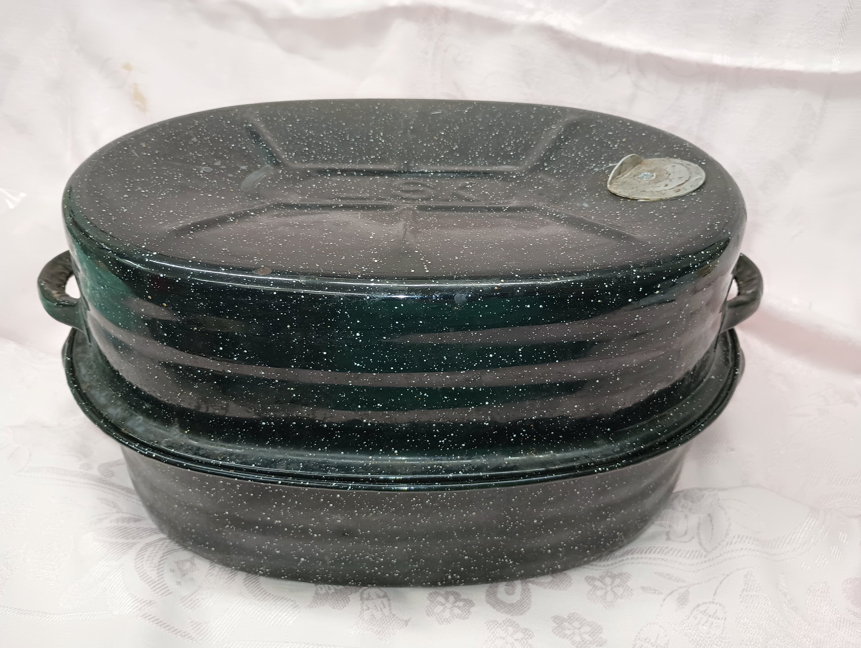 Enamelware Roasting Pan W Lid Vintage LISK Oval, Adj Vent E1198 