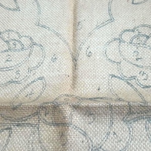 May include: Close-up of a section of fabric with a floral design. The design features roses with numbered sections, outlined in blue. The fabric has a textured, woven appearance, with a light beige color. The image suggests a craft project or embroidery pattern.