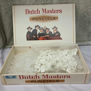 Vintage Cigar Box of Plastic Flower Buttons 2 Styles to Paint or Dye for Sewing Craft, Molded Half Dome 200 PCs #E923