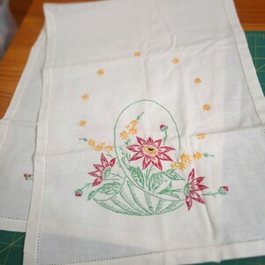 Vintage Runner, Embroidered Red Flower Baskets, Drawn Thread Border Trim, Mantle, Table, Sofa Needlework #N1592