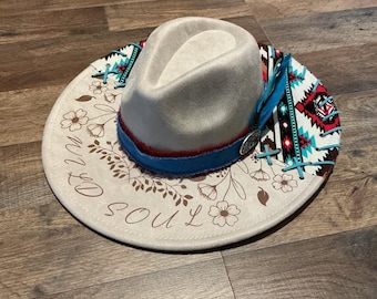 Boho Style Cowboy Hat - Hand Stitched and Lasered