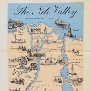 Carte illustrée vintage de la vallée du Nil, Égypte - À partir de 1965