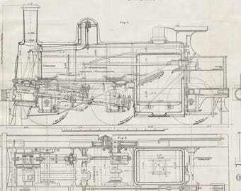 1880 Large Antique Engineering Drawing - Goods Locomotive for the London and Northwestern Rail - 2-panelTechnical Illustration - Blueprint