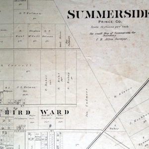 Grande carte vintage rare de 1880 de Summerside, Î.-P.-É. - plan de la ville vintage - plan de la vieille ville - coloriée à la main