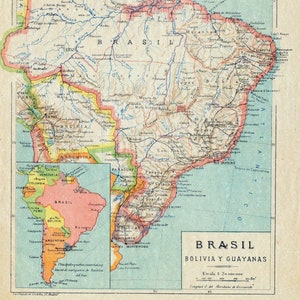 1940 年ブラジル - ボリビア - ギアナ - ブラジルのヴィンテージ地図
