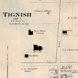 Rare carte vintage de 1880 de Tignish, Lot 1, Île-du-Prince-Édouard - plan de la ville vintage - carte de la vieille ville