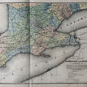 Grande carte ancienne coloriée à la main de 1880 des comtés de l'Ontario - Essex - Peel - Elgin - Welland - Lambton - Halton - Oxford - Waterloo et autres