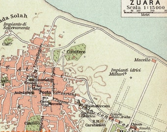 Antique Map of Sabratha and Zuara (Zuwara), Libya - Published 1929