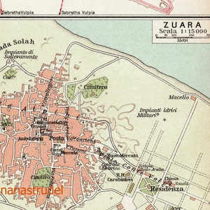 May include: A vintage map of Sabratha and Zuara, two ancient Libyan cities. The map shows the ruins of the Roman city of Sabratha, including the amphitheater, the forum, and the basilica. The map also shows the modern city of Zuara, with its streets and buildings.