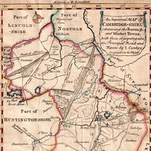 Carte ancienne du Cambridgeshire de 1744 - Rare carte du comté du Royaume-Uni colorée à la main - Cadeau unique