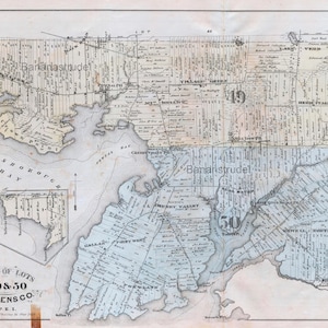 1880 Große seltene antike Karte der Lots 49 und 50, Queens County, Prince Edward Island - PEI - handgefärbt