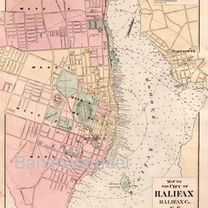 May include: A vintage map of the City of Halifax, Nova Scotia, featuring detailed street layouts, ward divisions, and harbour soundings in fathoms. The map includes a reference key, a scale of 1200 feet to an inch, and labels for Richmond and Dartmouth.