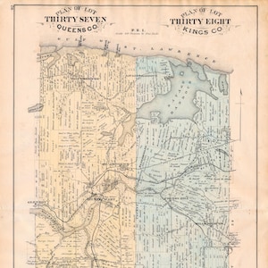 1880 Große, seltene Vintage-Karte von Lot 37, Queens County und Lot 38, Kings County, PEI - Handkoloriert