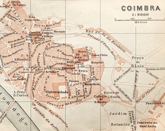 Portugal Antique Map City Map 1901 Coimbra